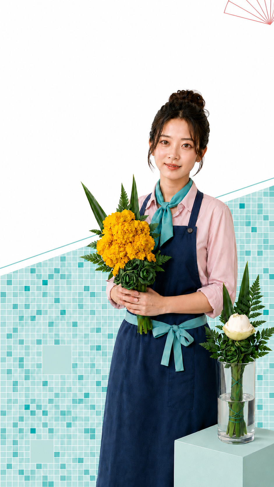 พุดถือช่อดอกไม้ดาวเรืองและดอกบัวสำหรับสารทจีน จากโก-แดง ดอกไม้สด